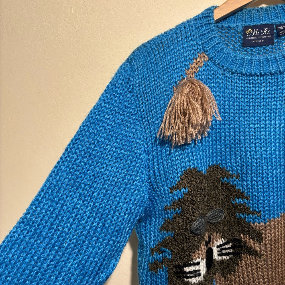 Vintage Adorable Blue Lion Knit Sweater with 3D Pom Pom Tail MEDIUM - Picture 4 of 7